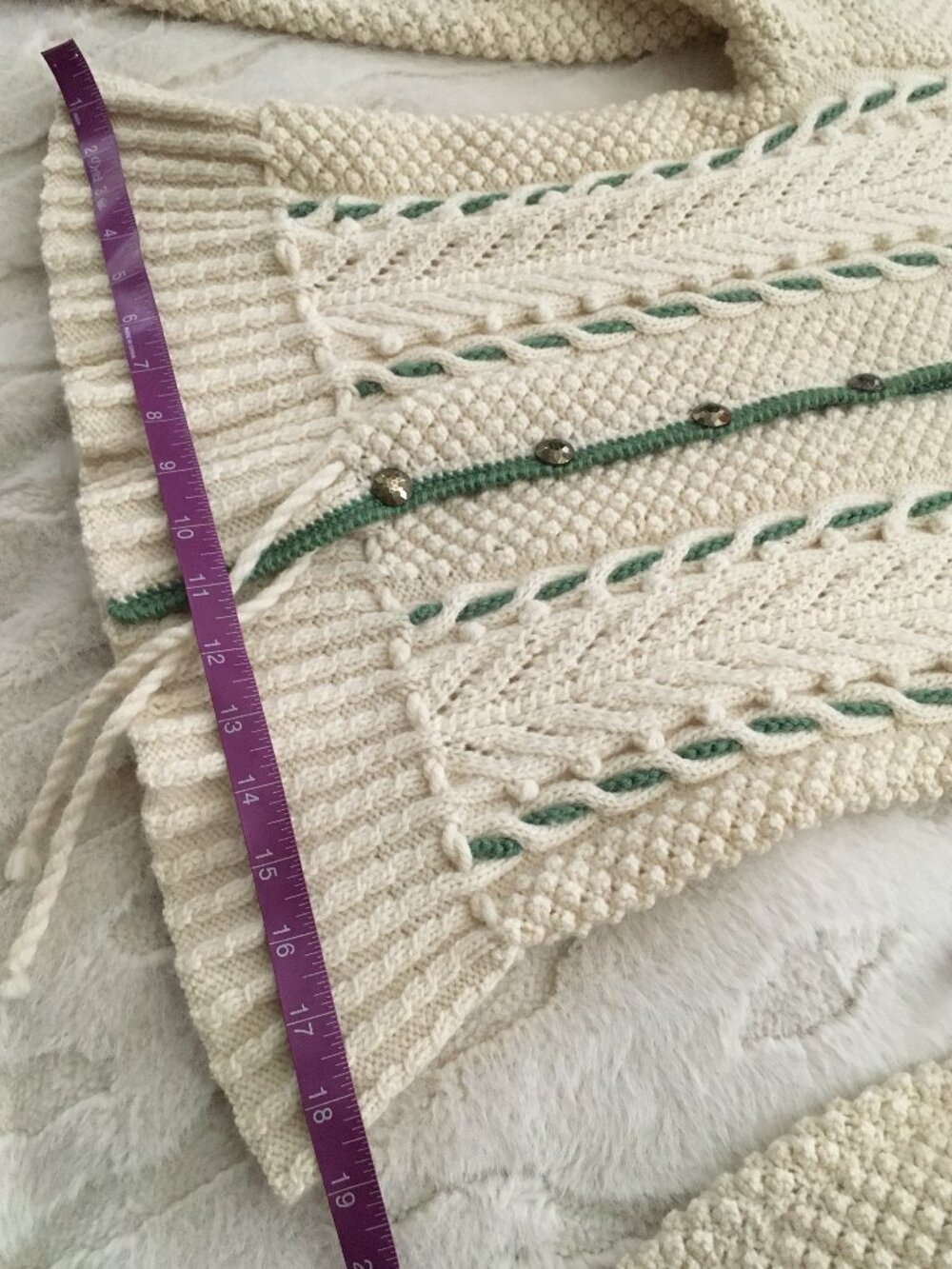 Vintage Hand-Knit Peplum Cardigan Sweater S Cream Sage Green Cable Whimsigoth - Picture 14 of 16